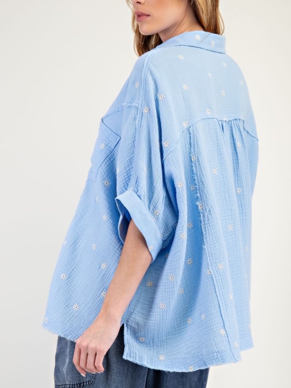 Easel Sky Blue Floral Embroidered Loose Fit Button Down Shirt - Picture 5 of 6